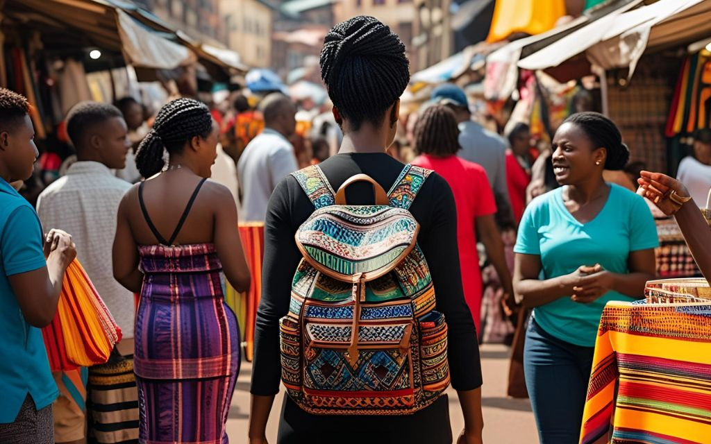 A woman with a backpack in a market